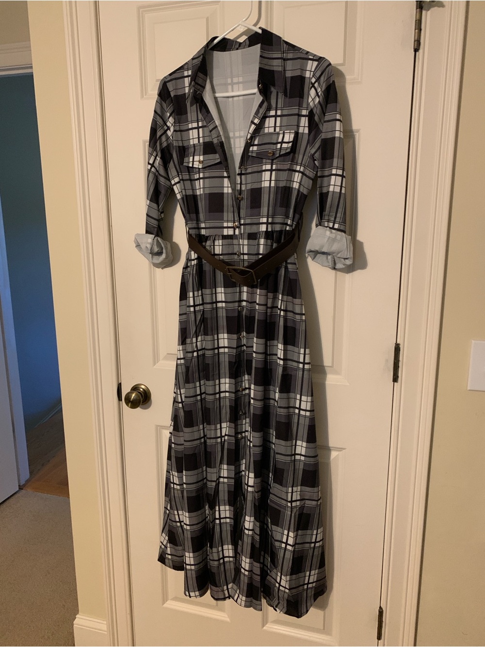 SHEIN Black & White Plaid Maxi Shirt Dress with belt side pockets